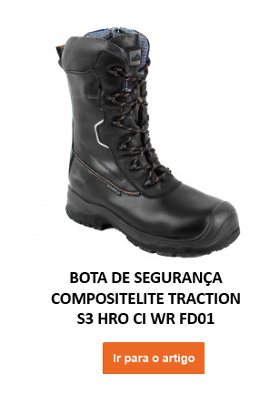 Imagem da bota de segurança Portwest Compositelite Traction HRO CI WR FD01 na cor preta com botão laranja e link para o artigo.