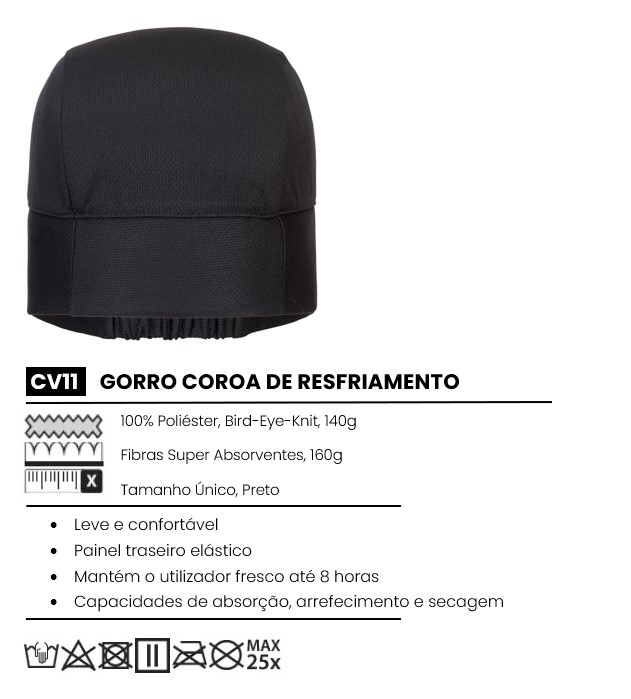 Touca refrescante CV11 preta confecionada em 100% poliéster, malha olho de pássaro, 140g, com fibras altamente absorventes, 160g. Tamanho único, elástico nas costas. Leve e confortável, mantém-se fresco até 8 horas, com funções absorventes, refrescantes e secantes. Um link para o artigo é fornecido