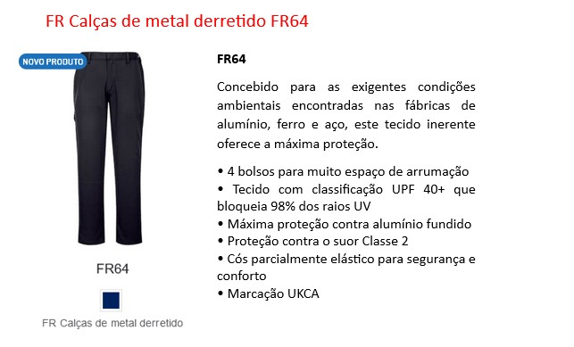 Calças FR contra metal fundido FR64 em azul escuro com link para o artigo.