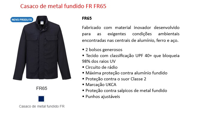 Casaco FR contra metal fundido FR65 em azul escuro com link que leva à página do artigo.