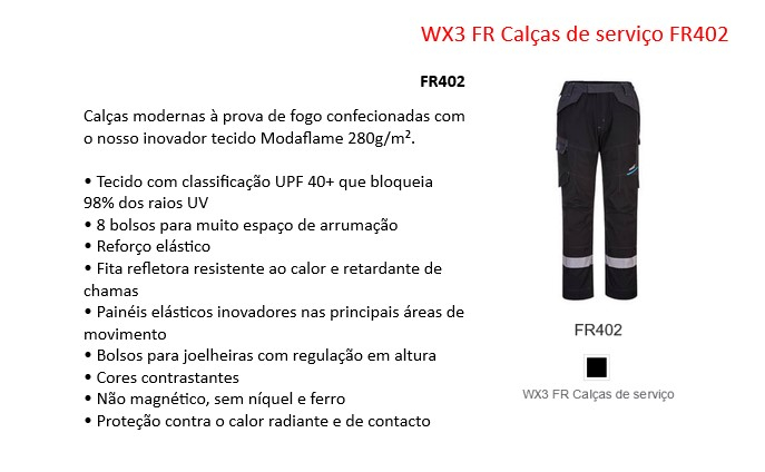 Calça WX3 FR Service FR402 em preto com riscas refletoras e link que leva à página do artigo.