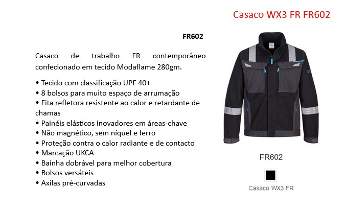 Casaco de trabalho WX3 FR FR602 em preto com riscas refletoras e um link que leva à página do artigo.