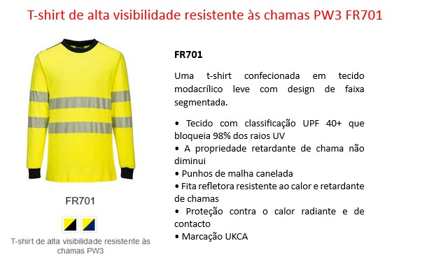 T-shirt de proteção de aviso retardante de chama WX3 FR701 em amarelo com riscas Relfex e um link que leva à página do artigo.