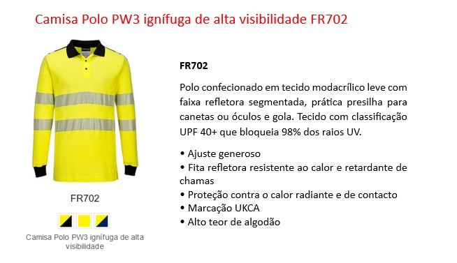 Camisola polo WX3 ignífuga de alta visibilidade FR702 em amarelo com riscas Relfex e um link que leva à página do artigo.