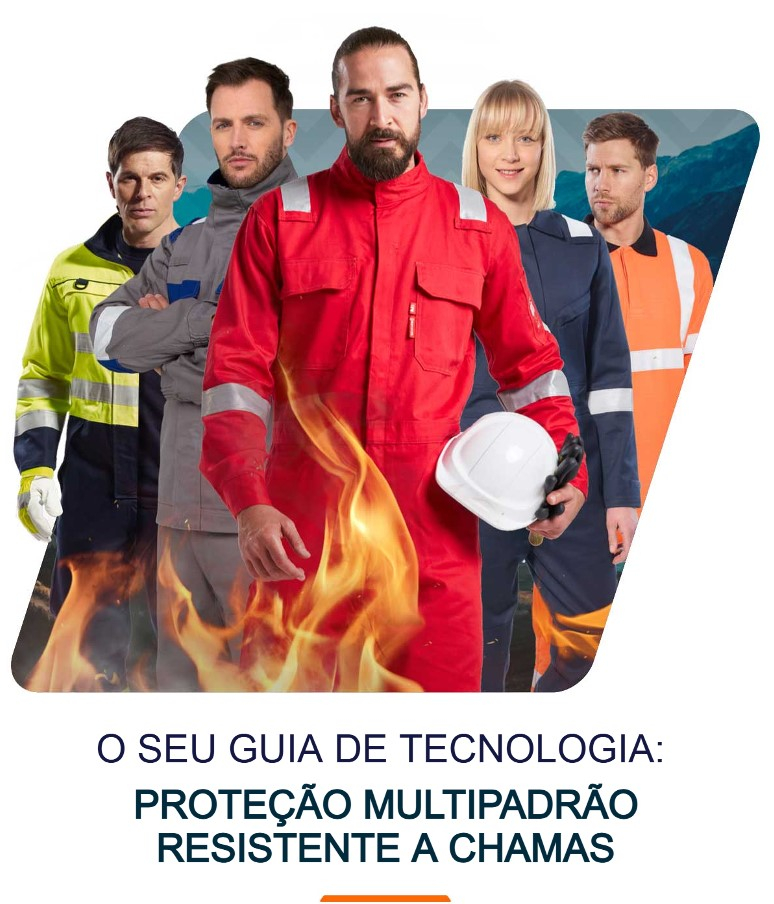 Cinco trabalhadores com vestuário de proteção retardador de chamas. As chamas podem ser vistas na parte inferior da imagem. Existe um link que leva às nossas roupas de proteção retardadoras de chamas.