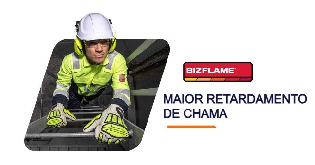 Trabalhador com vestuário de proteção amarelo de alta visibilidade e capacete branco a subir uma escada. Ao lado está o logótipo da coleção Bizflame e o seguinte título: Maior retardamento de chama. Existe um link que leva à nossa coleção Bizflame.