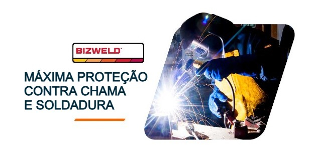 Logótipo da coleção Bizweld e o seguinte título: Máxima proteção contra chama e soldadura. Ao lado, está uma foto que mostra uma pessoa a soldar roupas de proteção. Existe um link que leva à nossa coleção Bizweld.